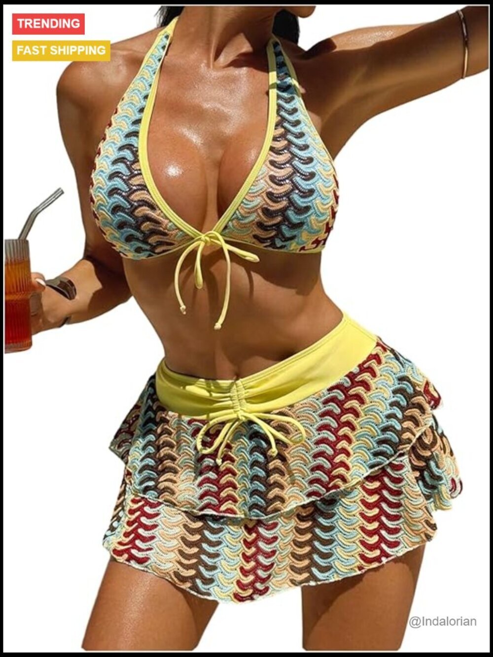 3 Piece Crochet Halter Bikini Set with Ruffle Cover Up Skirt